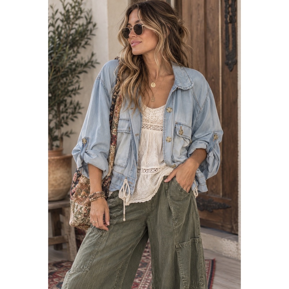 Kensie Jeans Light Wash Denim Utility Jacket Roll Tab Sleeve Small